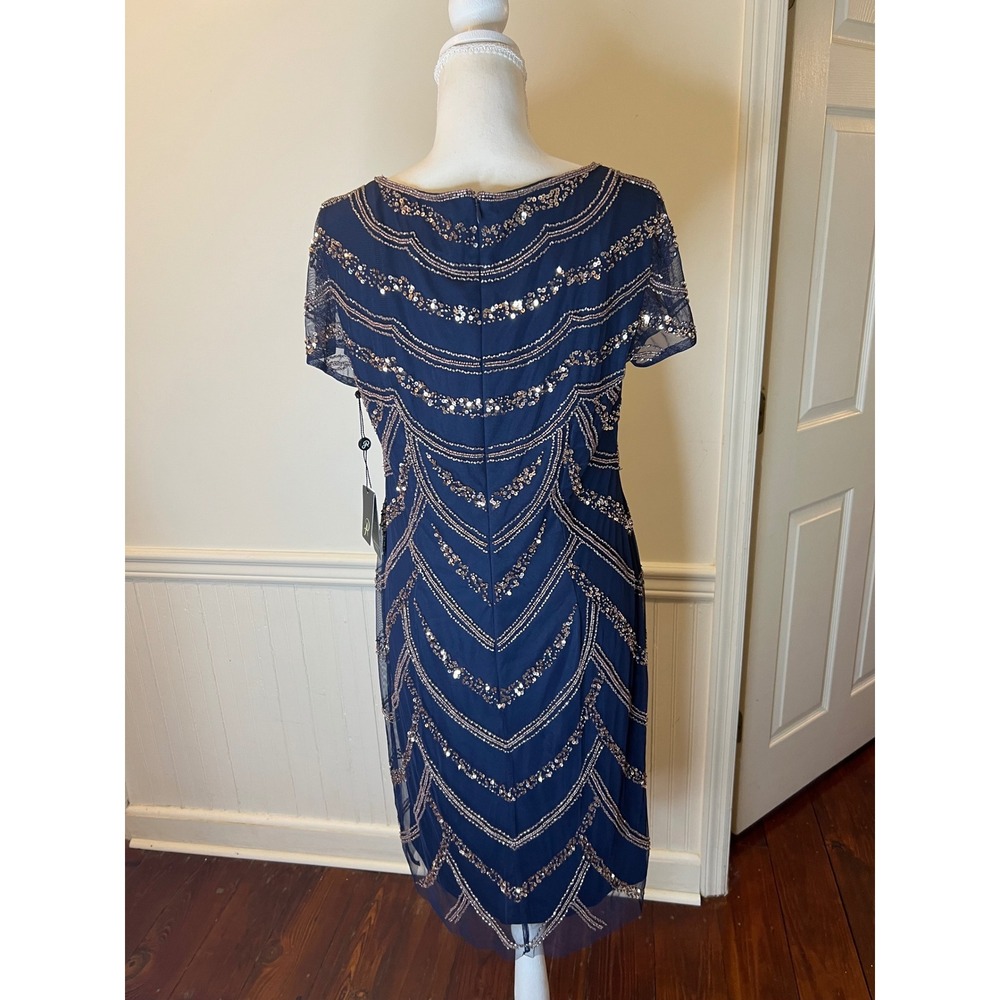 Adrianna Papell Navy Blue Sequin Beaded Art Deco Sheath Cocktail Dress NEW 10 - Picture 12 of 16
